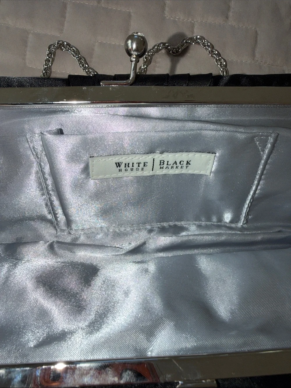White House Black Market Black Satin Clutch with Silver Chain - Picture 3 of 6